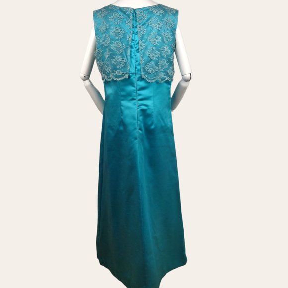 Vintage 1960s MOD Aqua Cocktail Dress Party Gown Lace Bodice Turquoise Satin M - Picture 8 of 13